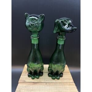 Empoli Dog and Cat decanter set of 2 Italian emerald green glass With Stoppers